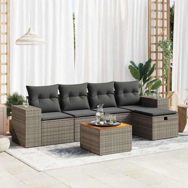 ARDEBO.de - 6-tlg. Garten-Sofagarnitur mit Kissen Grau Poly Rattan