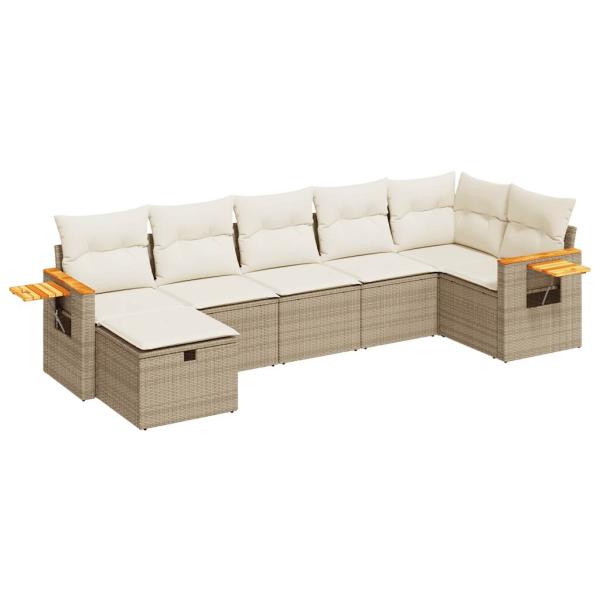 7-tlg. Garten-Sofagarnitur mit Kissen Beige Poly Rattan