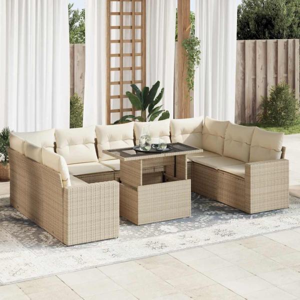 ARDEBO.de - 10-tlg. Garten-Sofagarnitur mit Kissen Beige Poly Rattan