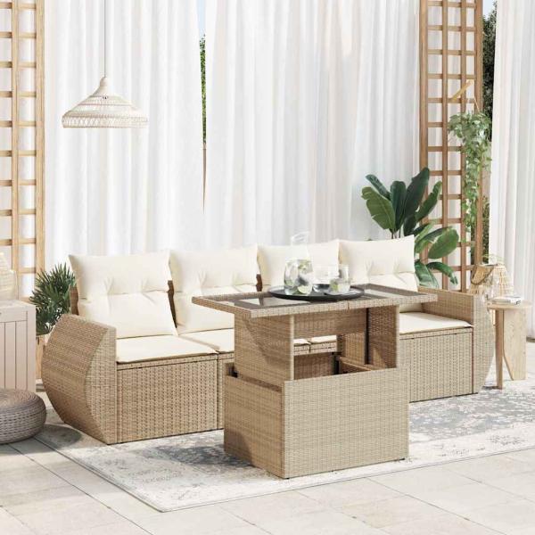 ARDEBO.de - 5-tlg. Garten-Sofagarnitur mit Kissen Beige Poly Rattan