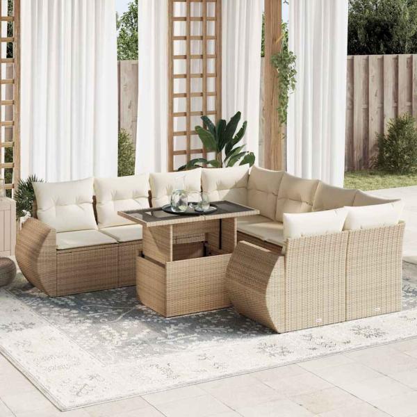 ARDEBO.de - 9-tlg. Garten-Sofagarnitur mit Kissen Beige Poly Rattan