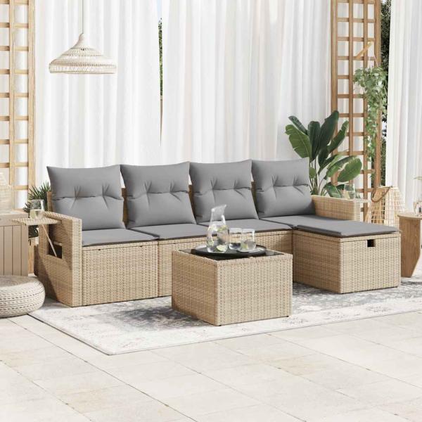 ARDEBO.de - 6-tlg. Garten-Sofagarnitur mit Kissen Beige Poly Rattan