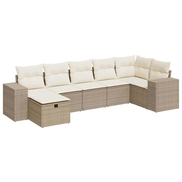 7-tlg. Garten-Sofagarnitur mit Kissen Beige Poly Rattan