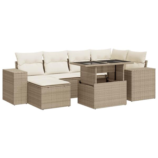 7-tlg. Garten-Sofagarnitur mit Kissen Beige Poly Rattan