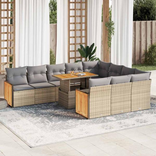 ARDEBO.de - 11-tlg. Garten-Sofagarnitur mit Kissen Beige Poly Rattan Akazie
