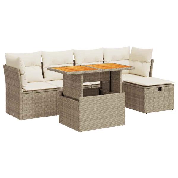 6-tlg. Garten-Sofagarnitur mit Kissen Beige Poly Rattan Akazie