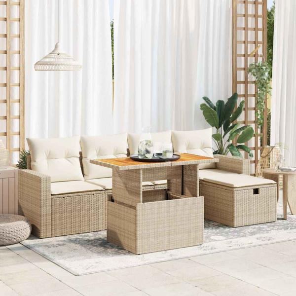 ARDEBO.de - 6-tlg. Garten-Sofagarnitur mit Kissen Beige Poly Rattan Akazie