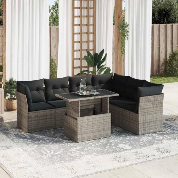 ARDEBO.de - 7-tlg. Garten-Sofagarnitur mit Kissen Grau Poly Rattan