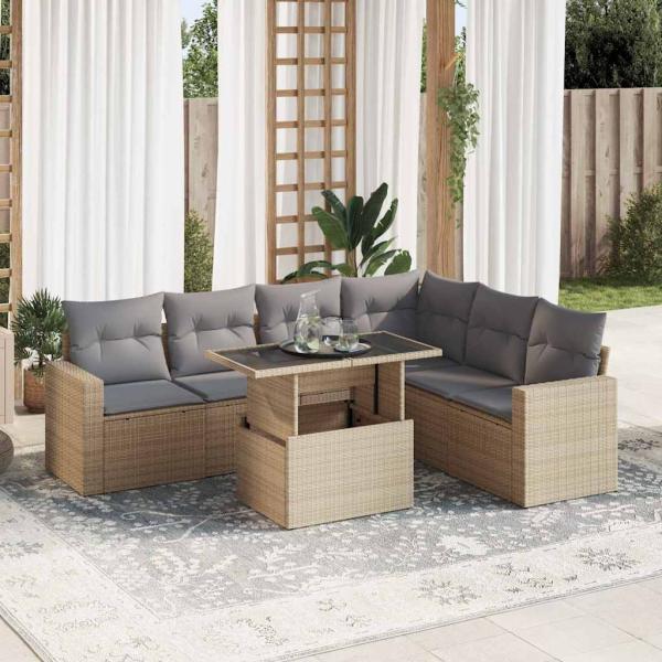 ARDEBO.de - 7-tlg. Garten-Sofagarnitur mit Kissen Beige Poly Rattan