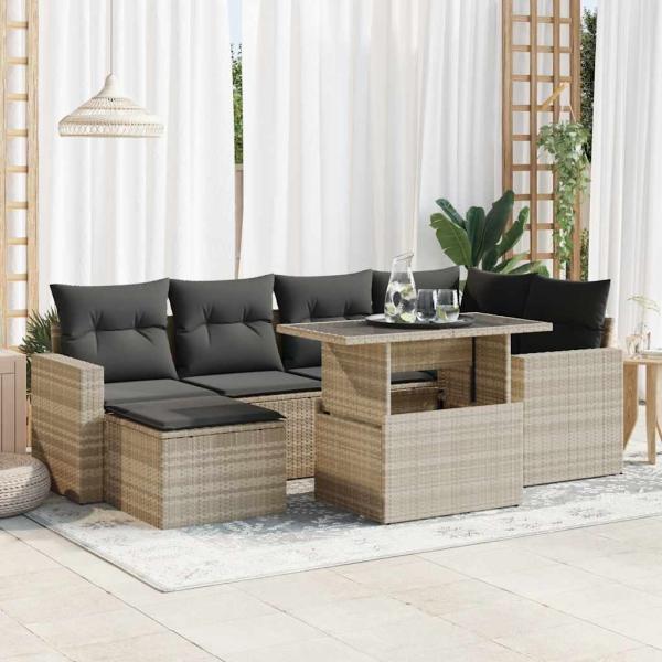 ARDEBO.de - 7-tlg. Garten-Sofagarnitur mit Kissen Hellgrau Poly Rattan