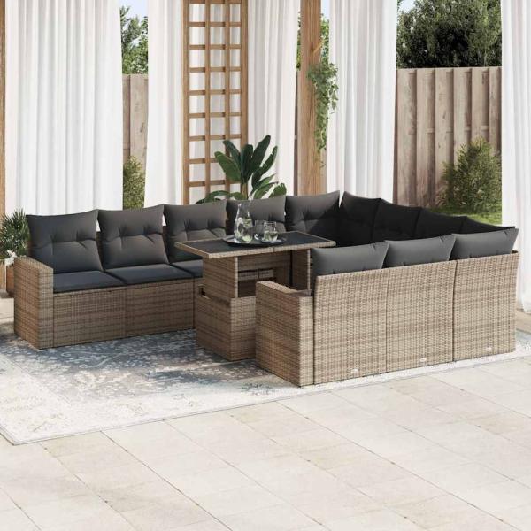 ARDEBO.de - 11-tlg. Garten-Sofagarnitur mit Kissen Grau Poly Rattan