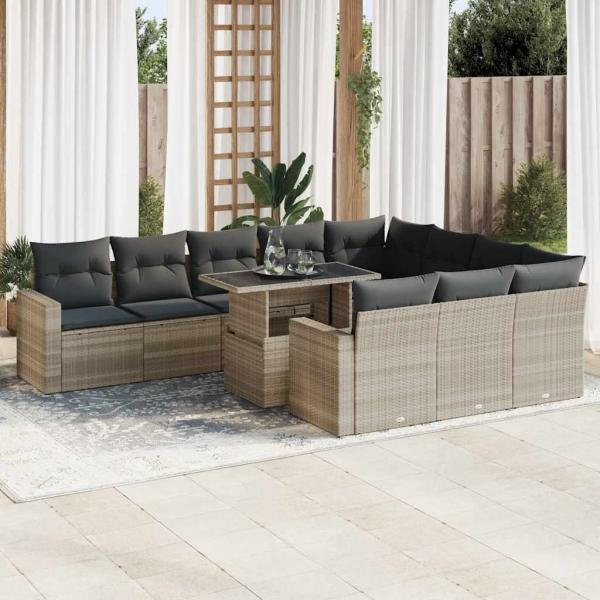 ARDEBO.de - 11-tlg. Garten-Sofagarnitur mit Kissen Hellgrau Poly Rattan