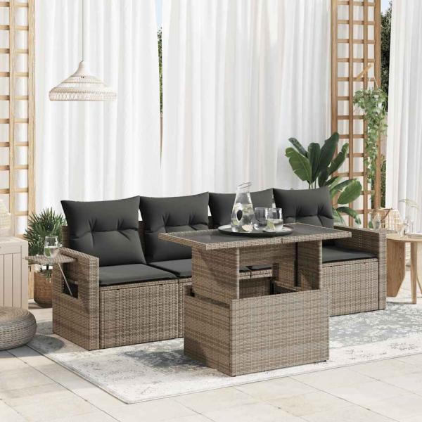 ARDEBO.de - 5-tlg. Garten-Sofagarnitur mit Kissen Grau Poly Rattan