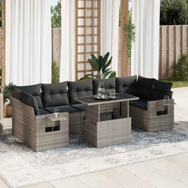 ARDEBO.de - 8-tlg. Garten-Sofagarnitur mit Kissen Grau Poly Rattan