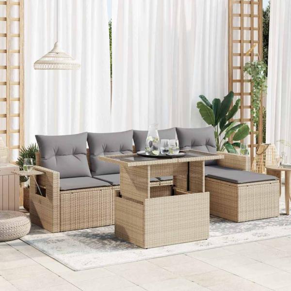 ARDEBO.de - 6-tlg. Garten-Sofagarnitur mit Kissen Beige Poly Rattan