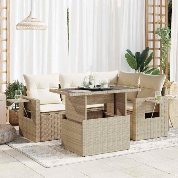 ARDEBO.de - 5-tlg. Garten-Sofagarnitur mit Kissen Beige Poly Rattan