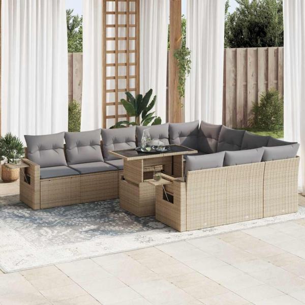 ARDEBO.de - 11-tlg. Garten-Sofagarnitur mit Kissen Beige Poly Rattan