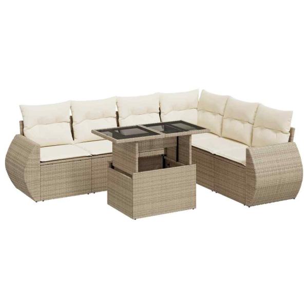 7-tlg. Garten-Sofagarnitur mit Kissen Beige Poly Rattan