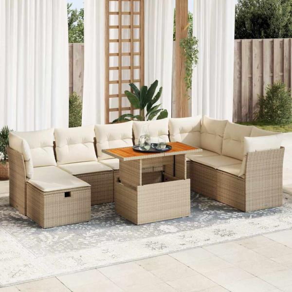 ARDEBO.de - 9-tlg. Garten-Sofagarnitur mit Kissen Beige Poly Rattan Akazie