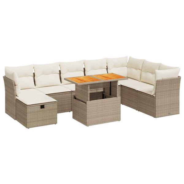 9-tlg. Garten-Sofagarnitur mit Kissen Beige Poly Rattan Akazie
