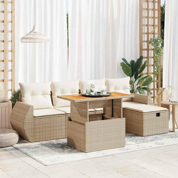 ARDEBO.de - 6-tlg. Garten-Sofagarnitur mit Kissen Beige Poly Rattan Akazie