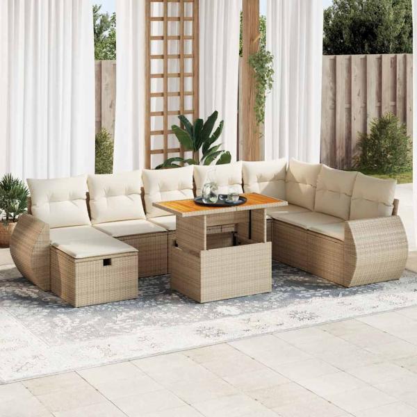 ARDEBO.de - 9-tlg. Garten-Sofagarnitur mit Kissen Beige Poly Rattan Akazie