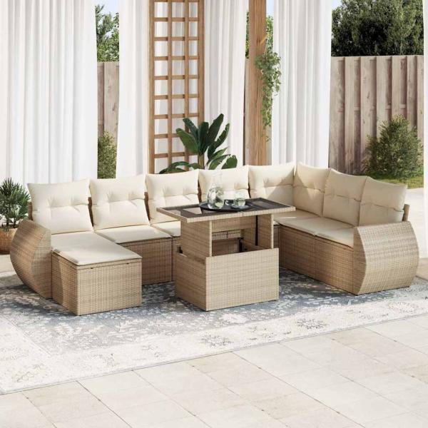 ARDEBO.de - 9-tlg. Garten-Sofagarnitur mit Kissen Beige Poly Rattan
