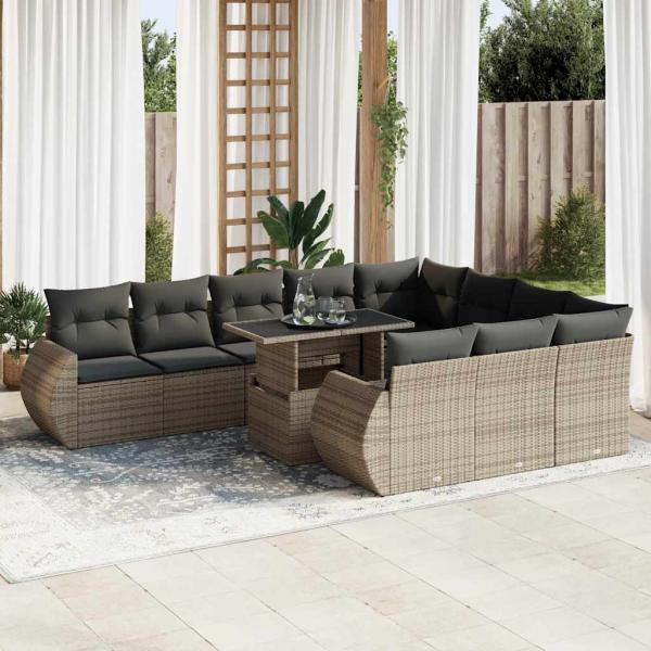ARDEBO.de - 11-tlg. Garten-Sofagarnitur mit Kissen Grau Poly Rattan