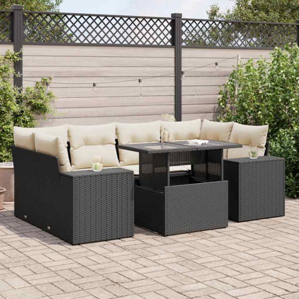 ARDEBO.de - 7-tlg. Garten-Sofagarnitur mit Kissen Schwarz Poly Rattan