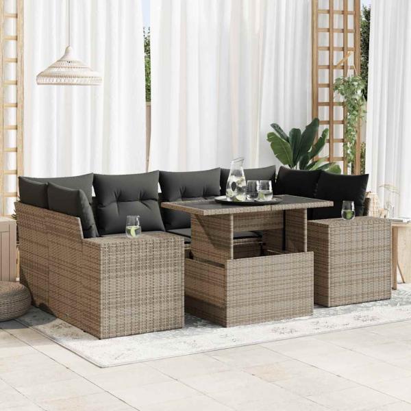ARDEBO.de - 7-tlg. Garten-Sofagarnitur mit Kissen Grau Poly Rattan
