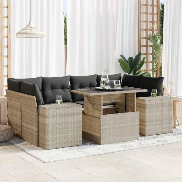ARDEBO.de - 7-tlg. Garten-Sofagarnitur mit Kissen Hellgrau Poly Rattan