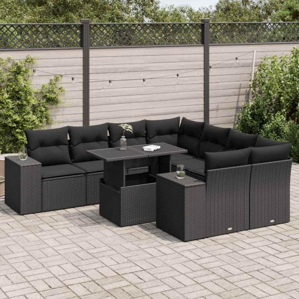 ARDEBO.de - 9-tlg. Garten-Sofagarnitur mit Kissen Schwarz Poly Rattan