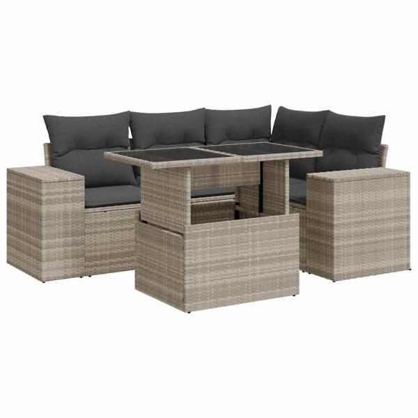 5-tlg. Garten-Sofagarnitur mit Kissen Hellgrau Poly Rattan