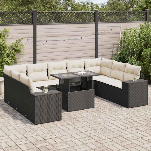 ARDEBO.de - 10-tlg. Garten-Sofagarnitur mit Kissen Schwarz Poly Rattan