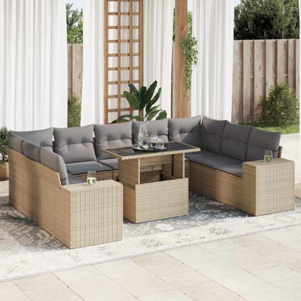 ARDEBO.de - 10-tlg. Garten-Sofagarnitur mit Kissen Beige Poly Rattan