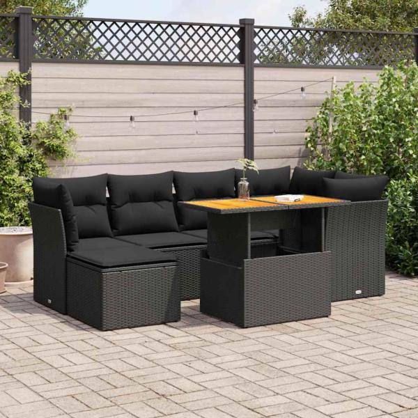 ARDEBO.de - 7-tlg. Garten-Sofagarnitur mit Kissen Schwarz Poly Rattan