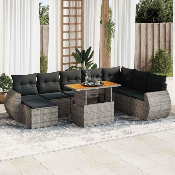 ARDEBO.de - 9-tlg. Garten-Sofagarnitur mit Kissen Grau Poly Rattan