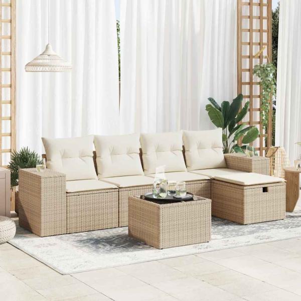 ARDEBO.de - 6-tlg. Garten-Sofagarnitur mit Kissen Beige Poly Rattan
