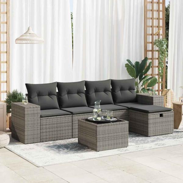 ARDEBO.de - 6-tlg. Garten-Sofagarnitur mit Kissen Grau Poly Rattan