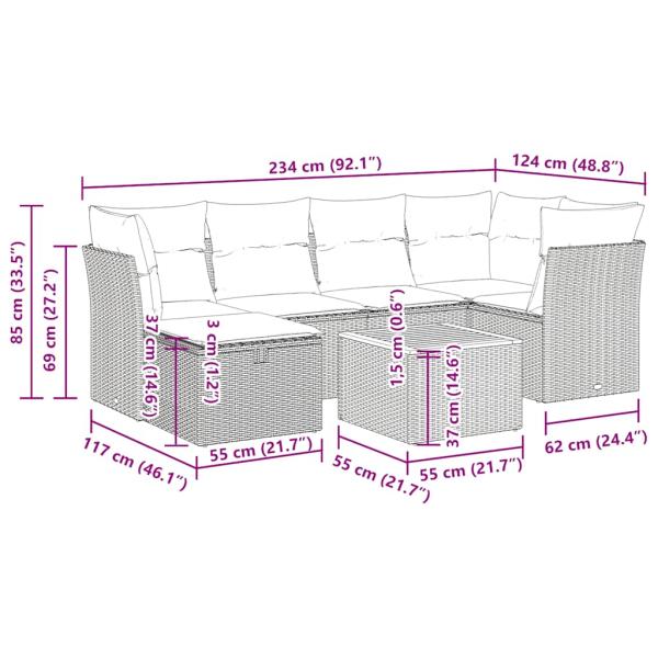 7-tlg. Garten-Sofagarnitur mit Kissen Schwarz Poly Rattan