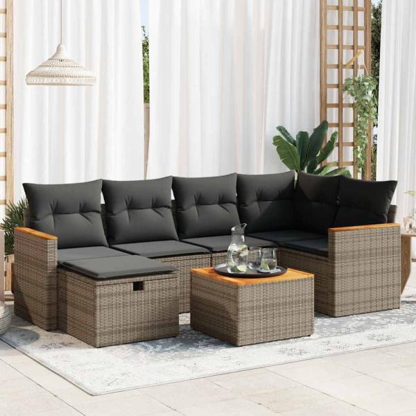 ARDEBO.de - 7-tlg. Garten-Sofagarnitur mit Kissen Grau Poly Rattan