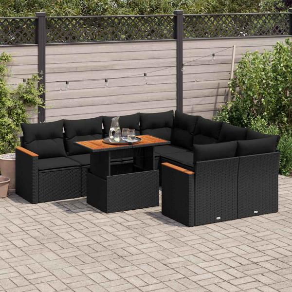 ARDEBO.de - 9-tlg. Garten-Sofagarnitur mit Kissen Schwarz Poly Rattan
