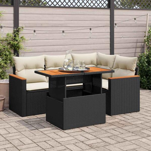 ARDEBO.de - 5tlg. Garten-Sofagarnitur mit Kissen Schwarz Poly Rattan Akazie