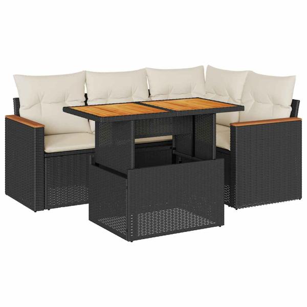 5tlg. Garten-Sofagarnitur mit Kissen Schwarz Poly Rattan Akazie