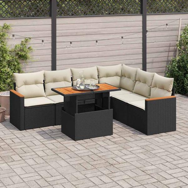 ARDEBO.de - 7-tlg. Garten-Sofagarnitur mit Kissen Schwarz Poly Rattan