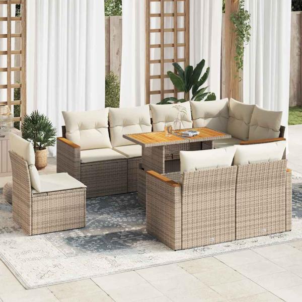 ARDEBO.de - 9-tlg. Garten-Sofagarnitur mit Kissen Beige Poly Rattan Akazie