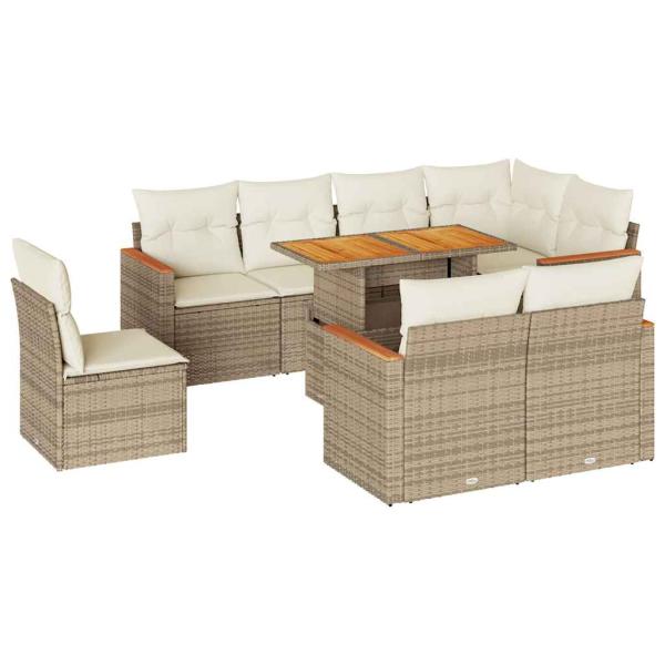 9-tlg. Garten-Sofagarnitur mit Kissen Beige Poly Rattan Akazie