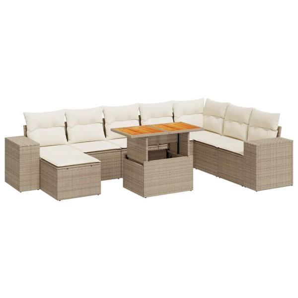 9-tlg. Garten-Sofagarnitur mit Kissen Beige Poly Rattan Akazie
