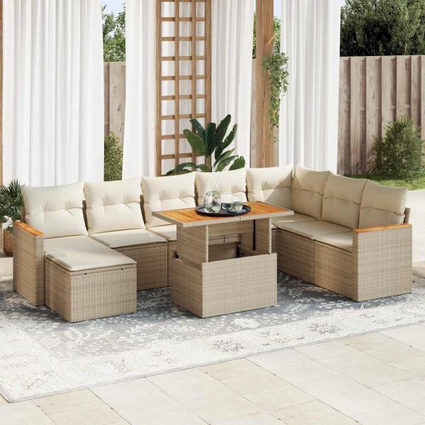 ARDEBO.de - 9-tlg. Garten-Sofagarnitur mit Kissen Beige Poly Rattan Akazie