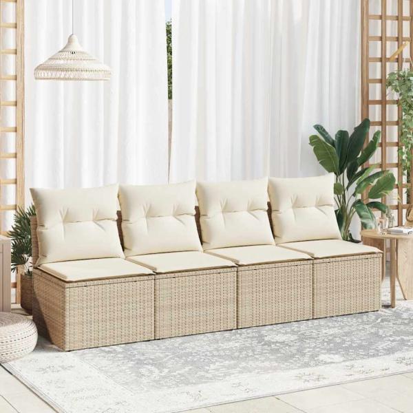 4-tlg. Garten-Sofagarnitur mit Kissen Beige Poly Rattan Akazie